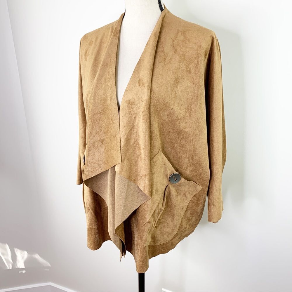 Connie K IC‎ Faux Suede Drape Jacket, Button Pockets Tan S